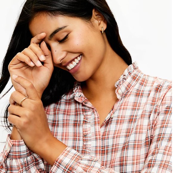 Loft Plaid Ruffle Trim Shirt XS - Picture 3 of 7